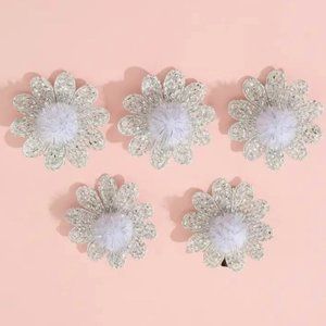 SPARKLING FLOWER HAIR CLIPS in White & Silver (Set of 5)